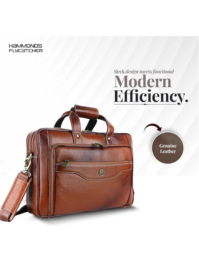 HAMMONDS FLYCATCHER Genuine Leather Office Bag for Man with Trolley Strap - Laptop Bag for Men with 15.6 Inch Laptop Compartment - Adjustable Strap-LB168 TAN